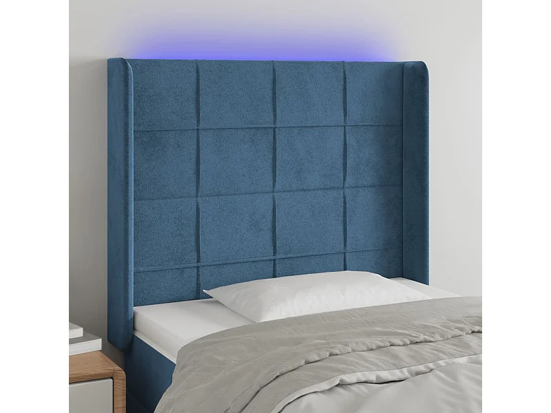 Cabecero | Cabezal de Cama | Mueble cabecero con LED de terciopelo azul oscuro 93x16x118/128 cm