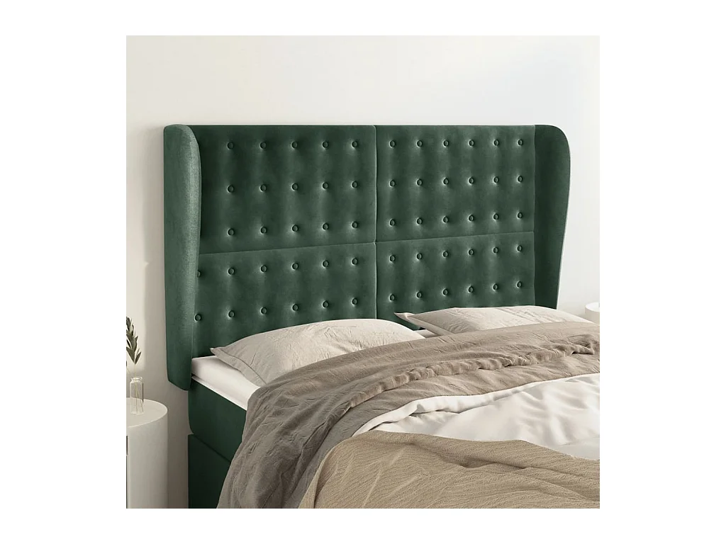 Tête de Lit | Panneau de tête pour lit Moderne avec oreilles Vert foncé 147x23x118/128 cm Velours