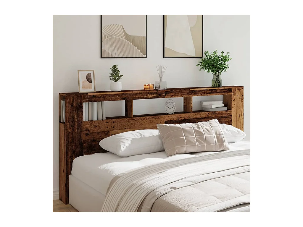 Cabecero | Cabezal de Cama | Mueble cabecero con LED madera ingeniería envejecida 220x18,5x103,5 cm