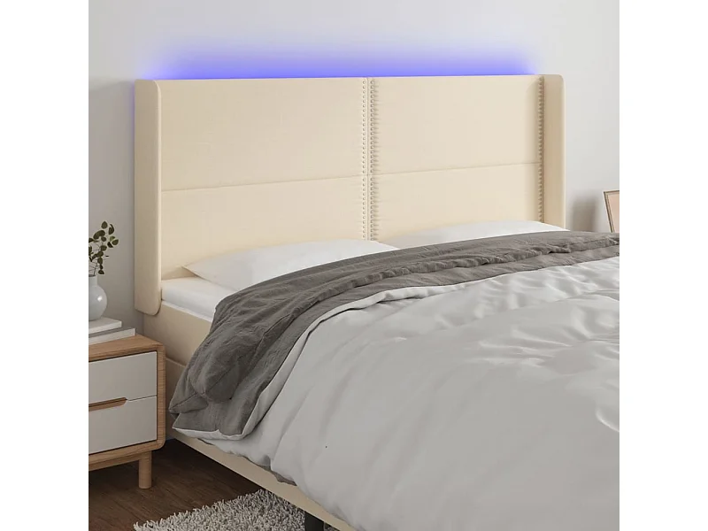 Mueble cabecero | Cabezal de cama | Cabecero con LED de tela color crema 183x16x118/128 cm
