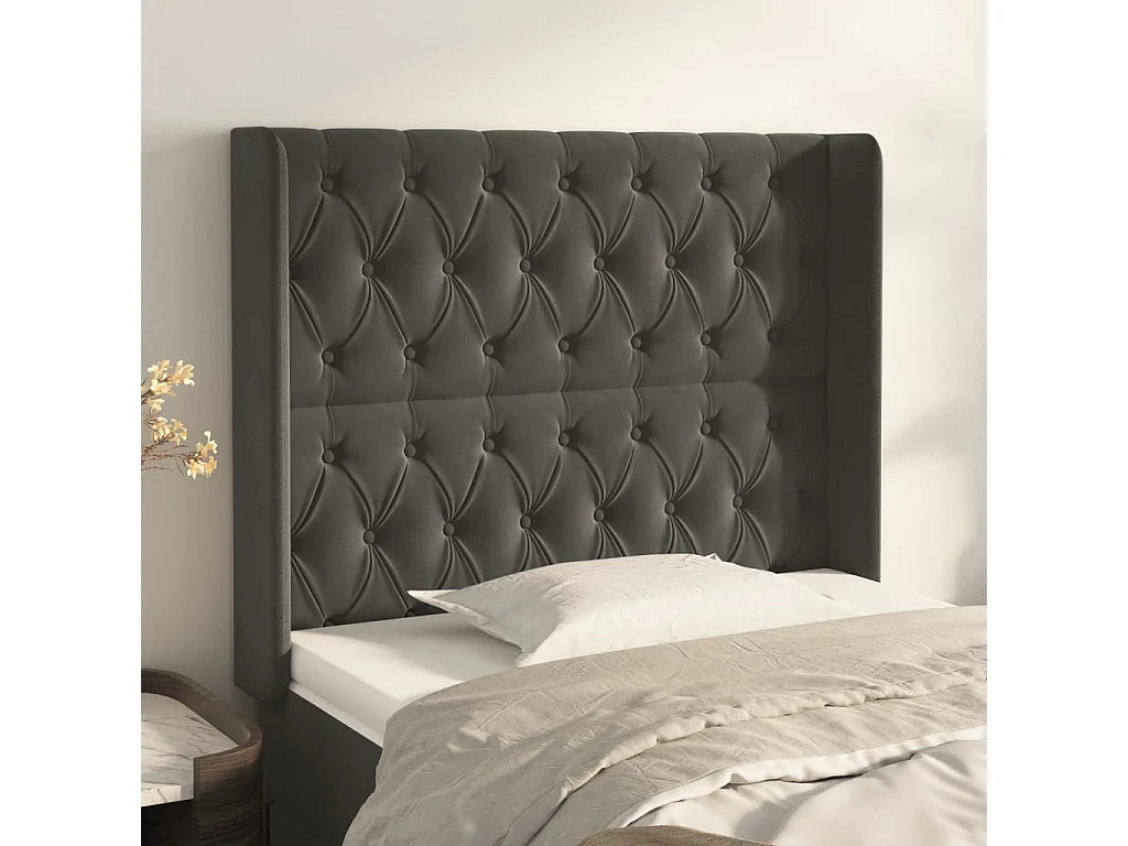 Tête de Lit | Panneau de tête pour lit Moderne avec oreilles Gris foncé 93x16x118/128 cm Velours