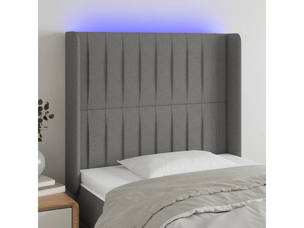 Tête de Lit | Panneau de tête pour lit Moderne à LED Gris foncé 93x16x118/128 cm Tissu