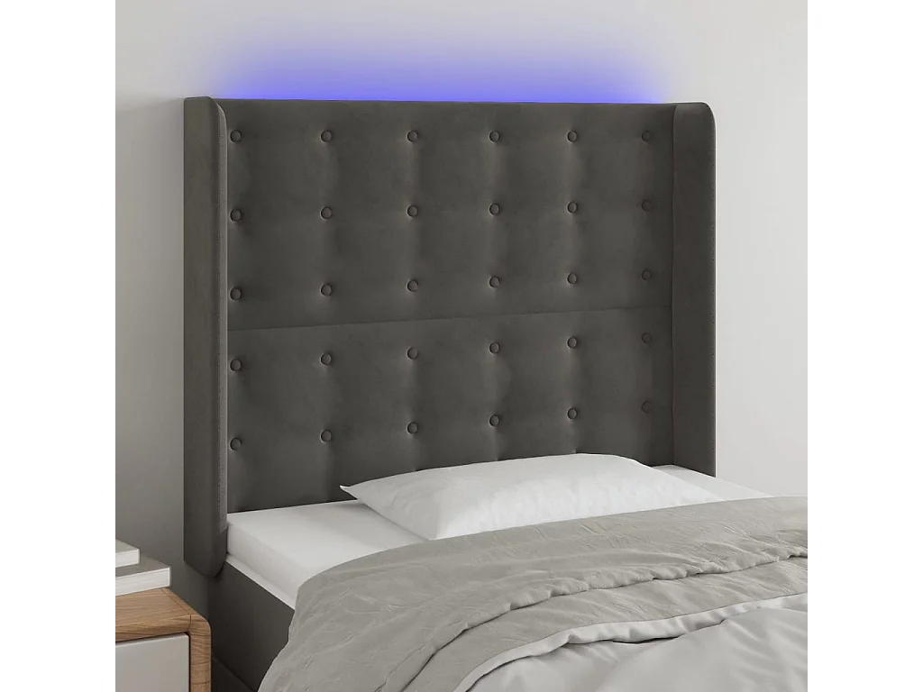 Tête de Lit | Panneau de tête pour lit Moderne à LED Gris foncé 93x16x118/128 cm Velours