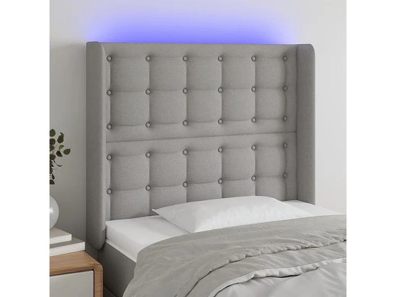 Mueble cabecero | Cabezal de cama | Cabecero con LED de tela gris claro 83x16x118/128 cm