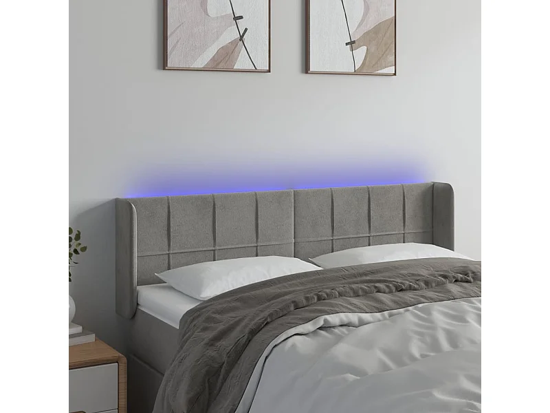 Tête de Lit | Panneau de tête pour lit Moderne à LED Gris clair 147x16x78/88 cm Velours