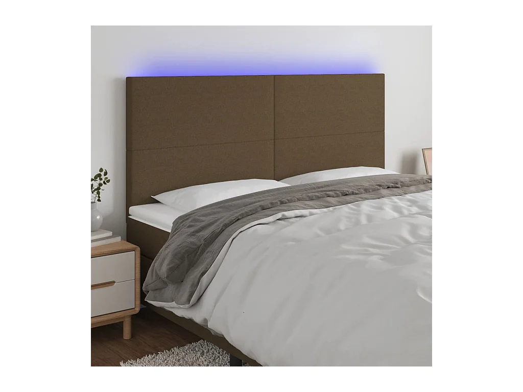 Cabecero | Cabezal de Cama | Mueble cabecero con luces LED tela marrón oscuro 200x5x118/128 cm