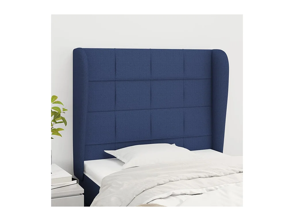 Cabecero | Cabezal de Cama | Mueble cabecero con orejas de tela azul 103x23x118/128 cm