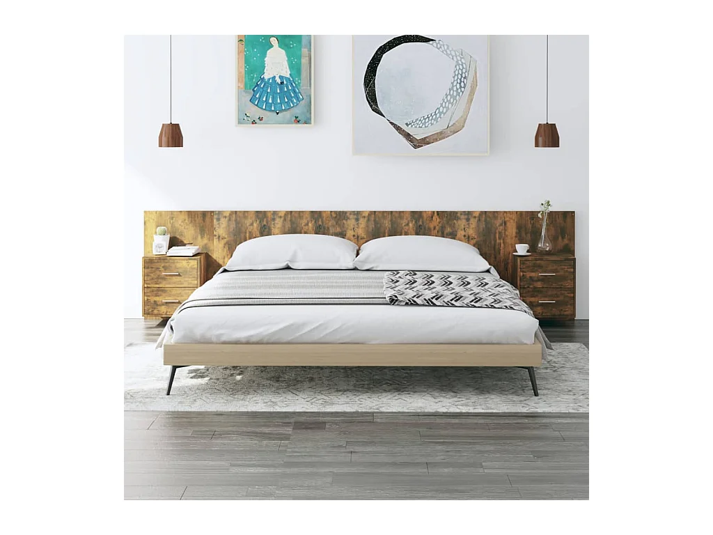 Mueble cabecero | Cabezal de cama | Cabecero de cama y mesitas madera contrachapada roble ahumado