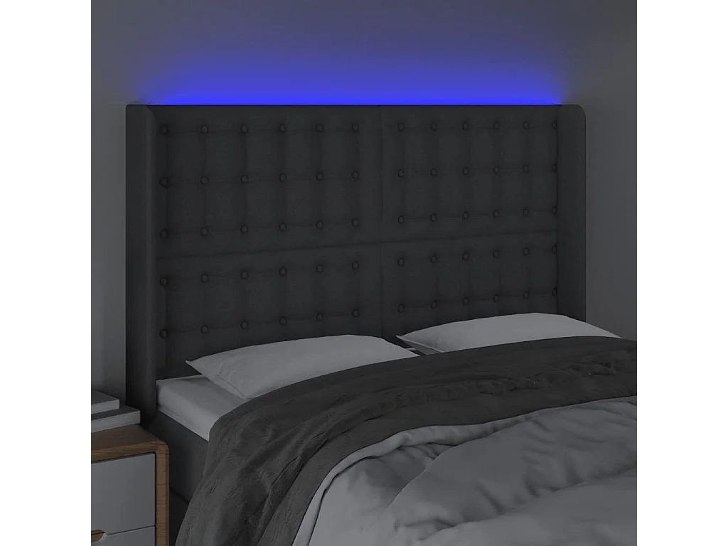 Tête de Lit | Panneau de tête pour lit Moderne à LED Gris foncé 147x16x118/128 cm Tissu