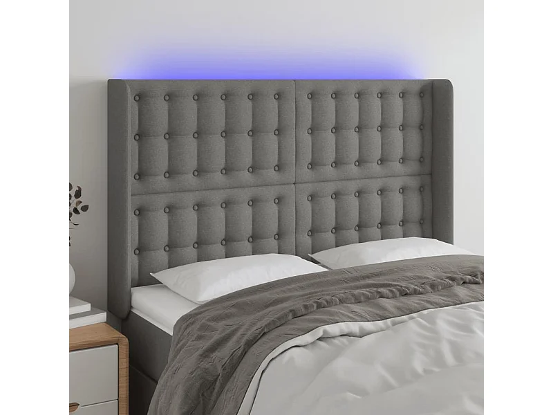 Tête de Lit | Panneau de tête pour lit Moderne à LED Gris foncé 147x16x118/128 cm Tissu