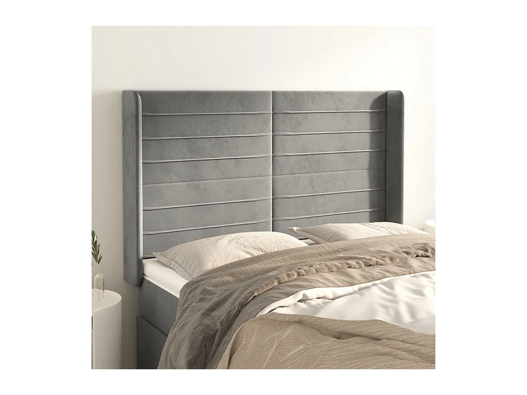 Tête de Lit | Panneau de tête pour lit Moderne avec oreilles Gris clair 147x16x118/128 cm Velours