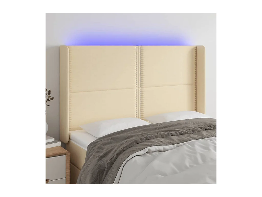 Mueble cabecero | Cabezal de cama | Cabecero con LED de tela color crema 147x16x118/128 cm
