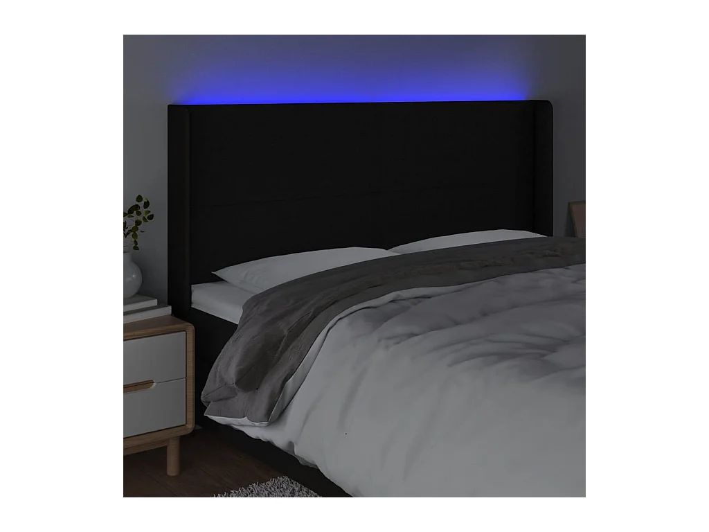 Mueble cabecero | Cabezal de cama | Cabecero con LED de tela negro 203x16x118/128 cm