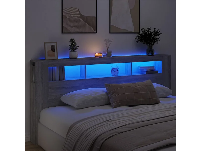 Mueble cabecero | Cabecero | Cabezal de cama LED madera ingeniería gris Sonoma 220x18,5x103,5 cm