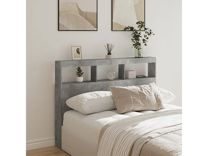 Tête de Lit avec rangement | Armoire de tête de lit avec LED gris béton 140x17x102 cm