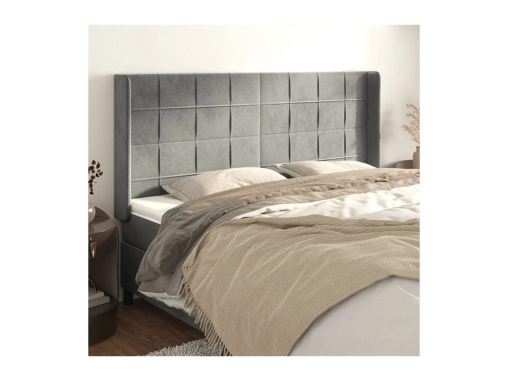 Cabecero | Cabezal de Cama | Mueble cabecero con orejas de terciopelo gris claro 203x16x118/128 cm
