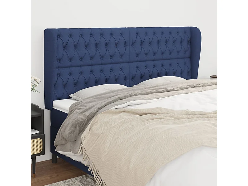 Cabecero | Cabezal de Cama | Mueble cabecero con orejas de tela azul 183x23x118/128 cm