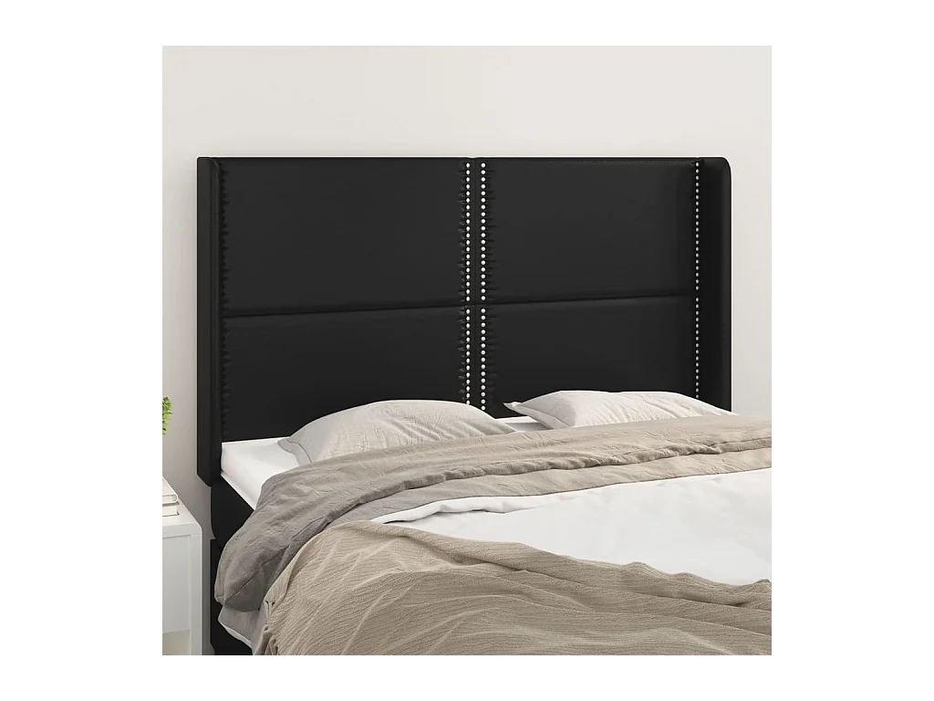 Cabecero | Cabezal de Cama | Mueble cabecero con orejas de cuero sintético negro 147x16x118/128 cm