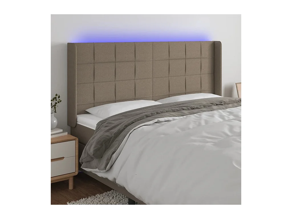 Mueble cabecero | Cabezal de cama | Cabecero con LED de tela gris taupe 163x16x118/128 cm