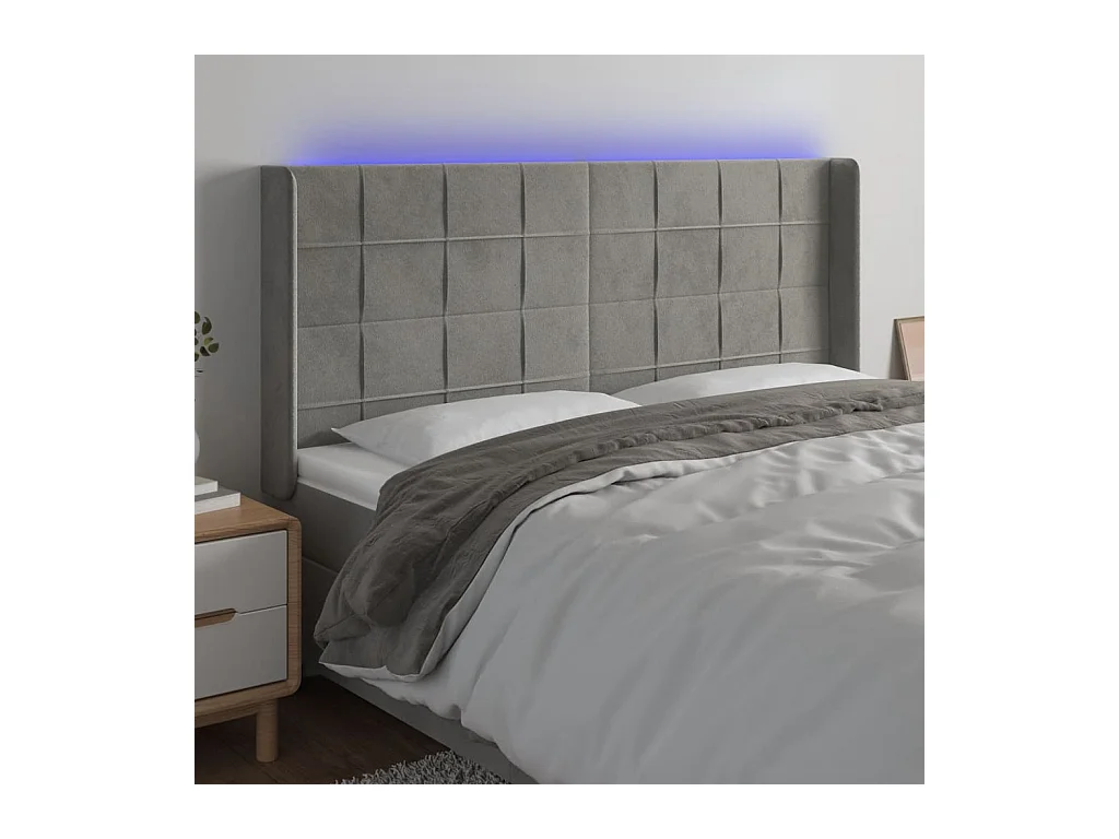 Tête de Lit | Panneau de tête pour lit Moderne à LED Gris clair 203x16x118/128 cm Velours