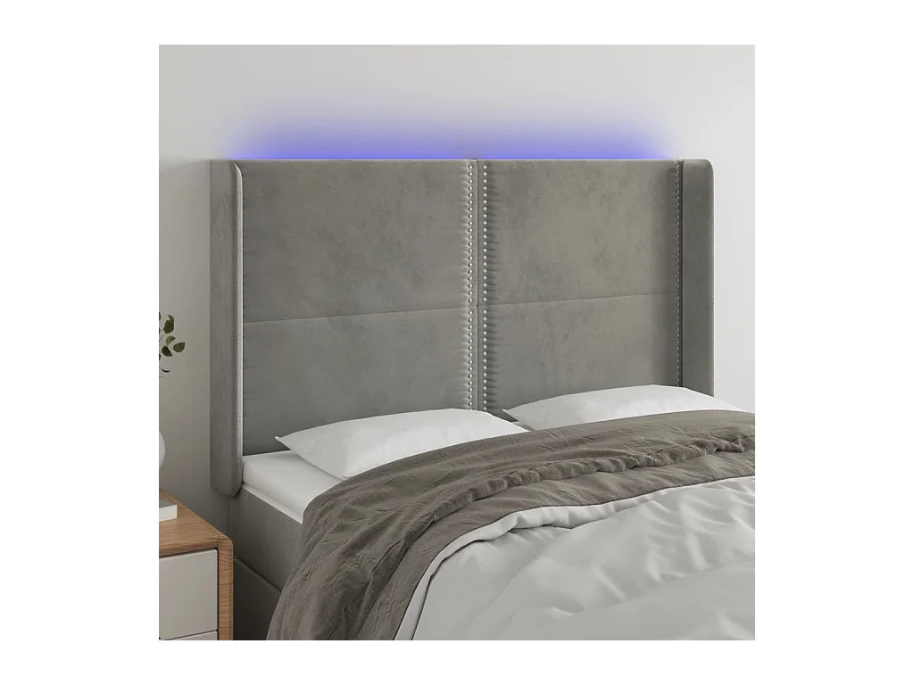 Cabecero | Cabezal de Cama | Mueble cabecero con LED de terciopelo gris claro 147x16x118/128 cm