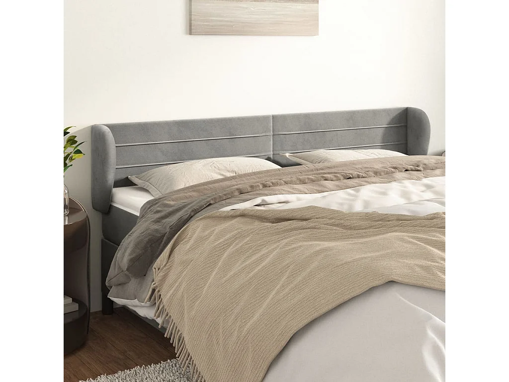 Tête de Lit | Panneau de tête pour lit Moderne avec oreilles Gris clair 203x23x78/88 cm Velours