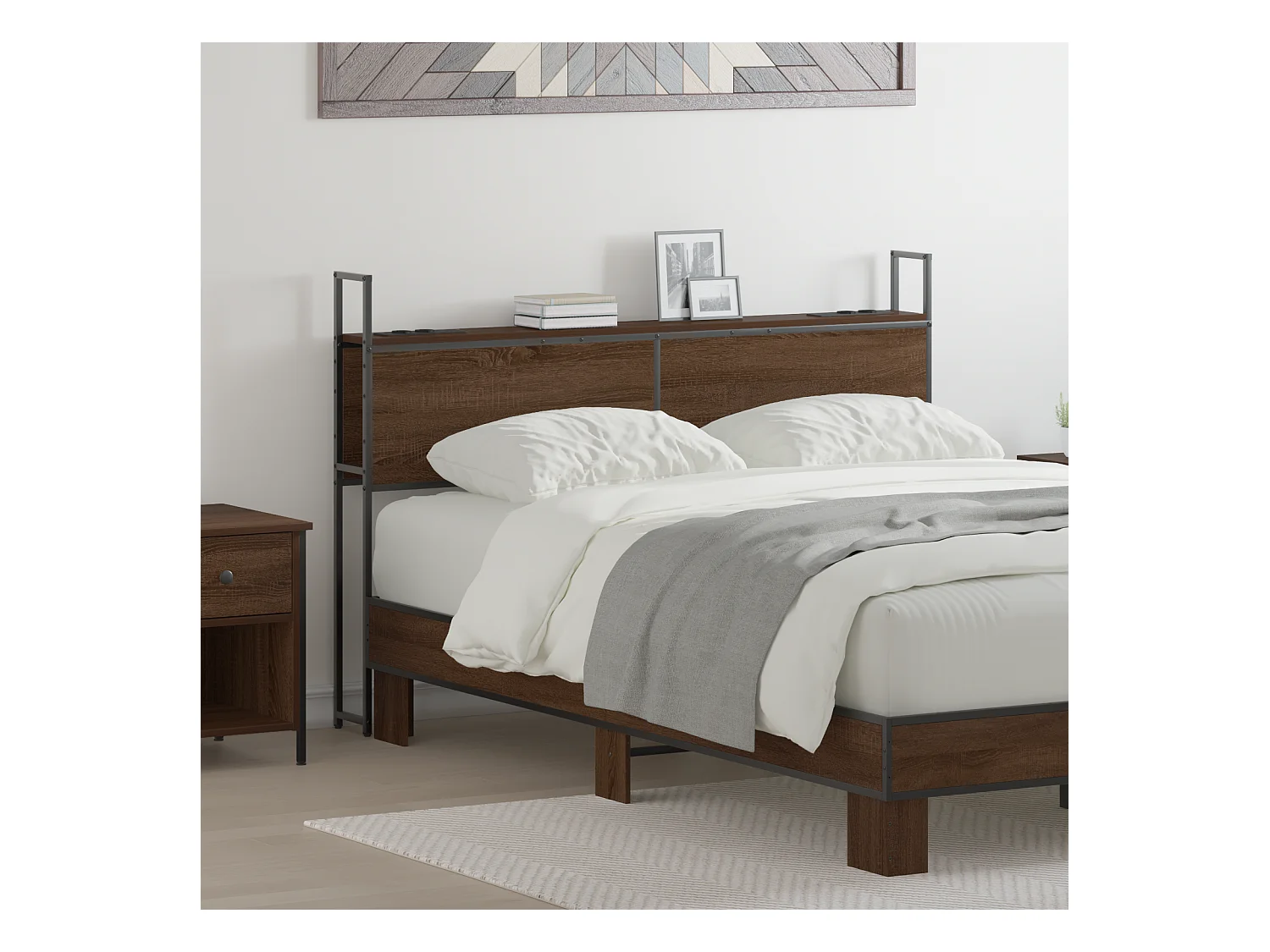 Mueble cabecero | Cabezal de cama | Cabecero de Almacenamiento con Estación de Carga Marrón roble