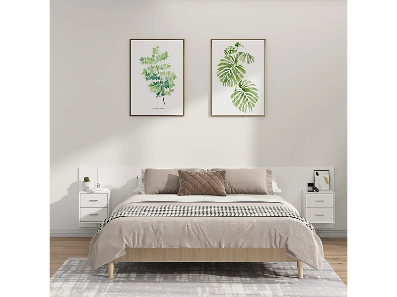 Cabecero de Cama | Cabezal de cama | Mueble de cabecero con mesitas madera contrachapada blanco