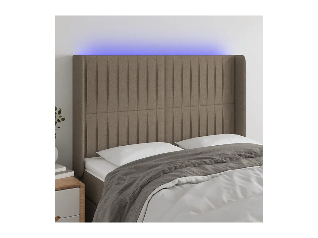 Mueble cabecero | Cabezal de cama | Cabecero con LED de tela gris taupe 147x16x118/128 cm