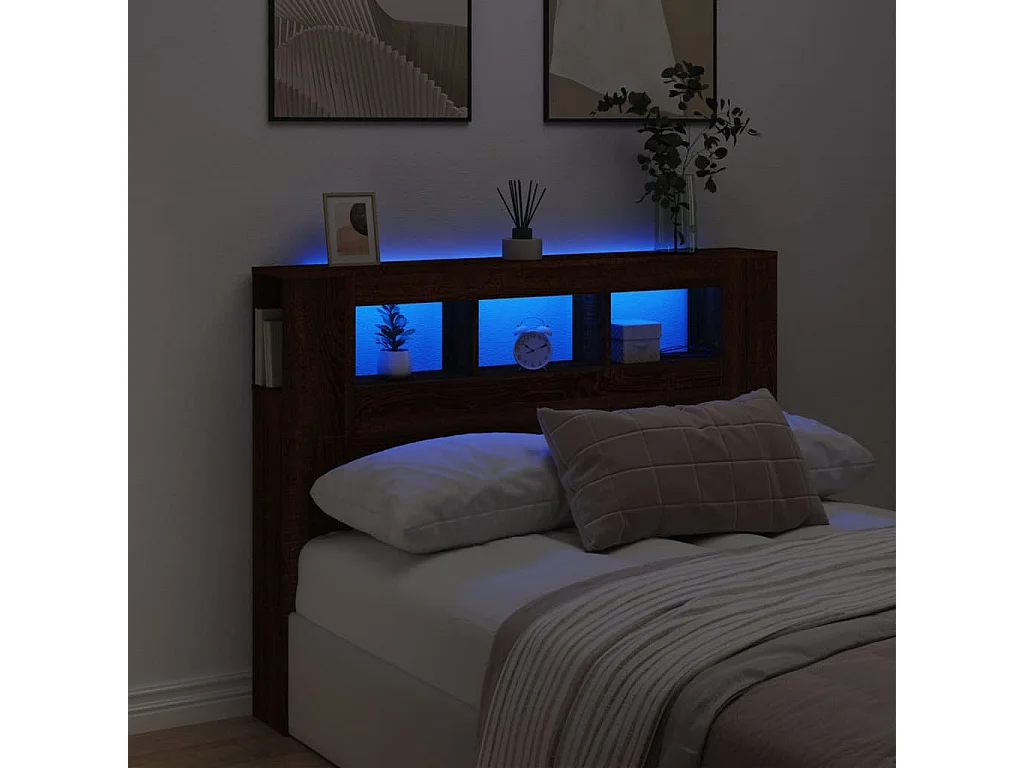 Tête de Lit | Panneau de tête pour lit Moderne à LED chêne marron 140x18,5x103,5cm bois ingénierie