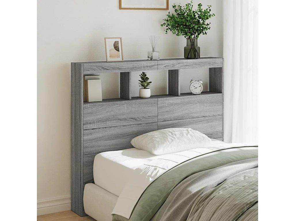Tête de Lit avec rangement | Armoire de tête de lit avec LED sonoma gris 120x17x102 cm