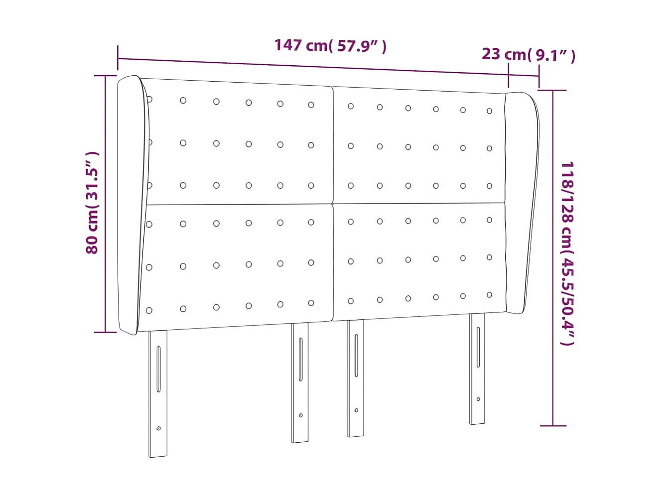 Cabecero | Cabezal de Cama | Mueble cabecero con orejas de terciopelo negro 147x23x118/128 cm