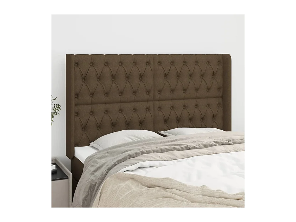 Cabecero | Cabezal de Cama | Mueble cabecero con orejas de tela marrón oscuro 163x16x118/128 cm