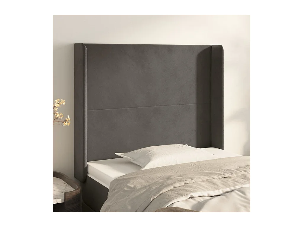 Cabecero | Cabezal de Cama | Mueble cabecero con orejas de terciopelo gris oscuro 103x16x118/128 cm