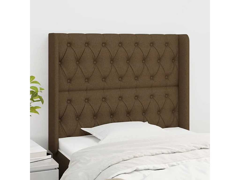 Cabecero | Cabezal de Cama | Mueble cabecero con orejas de tela marrón oscuro 103x16x118/128 cm