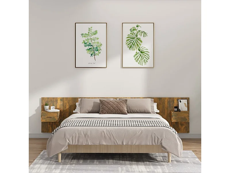 Mueble cabecero | Cabezal de cama | Cabecero de cama y mesitas madera contrachapada roble ahumado