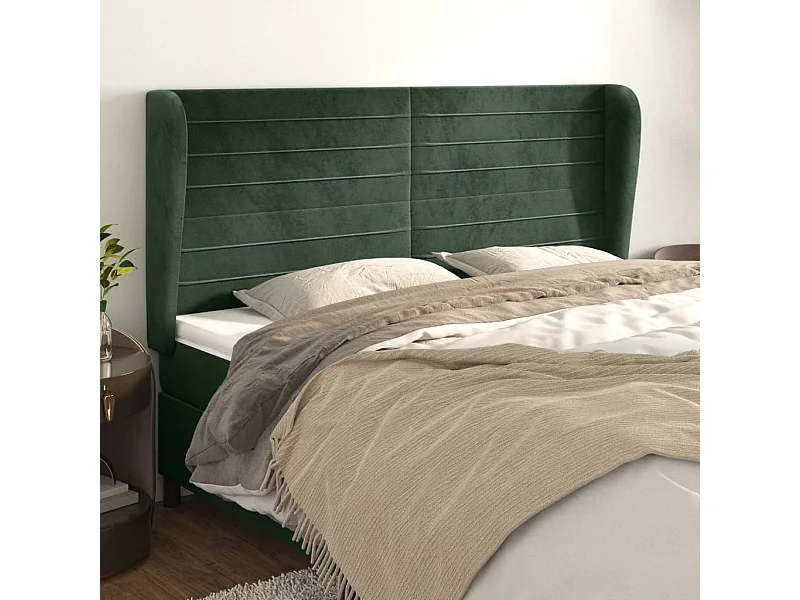 Cabecero | Cabezal de Cama | Mueble cabecero con orejas de terciopelo verde oscuro 183x23x118/128cm
