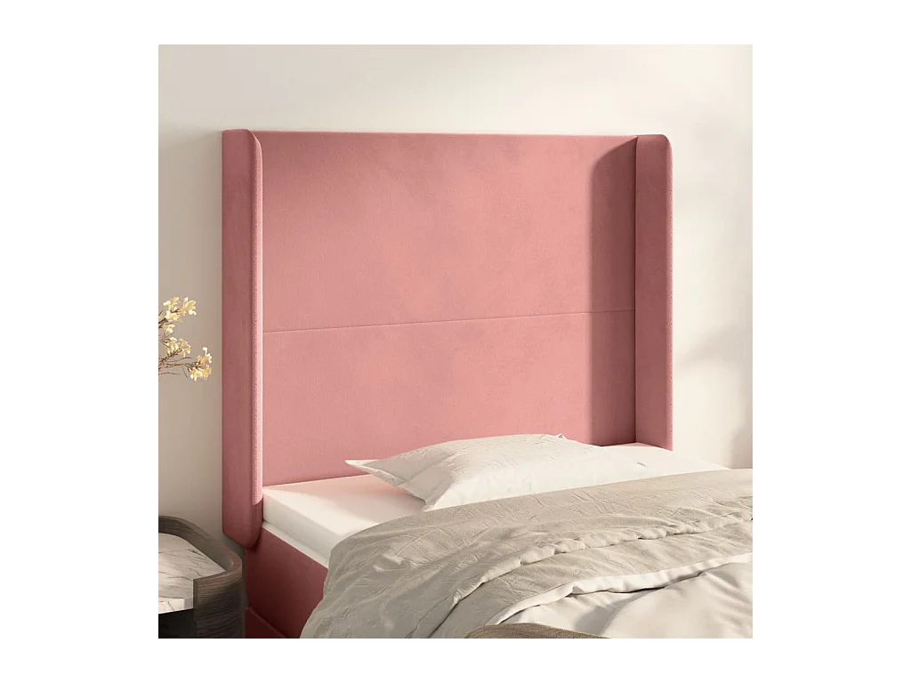 Cabecero | Cabezal de Cama | Mueble cabecero con orejas de terciopelo rosa 103x16x118/128 cm