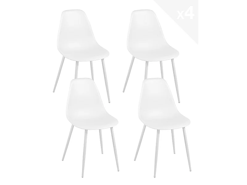 Lote de 4 sillas de cocina de diseño, asiento de plástico flexible, patas metálicas NOVA (blanco)