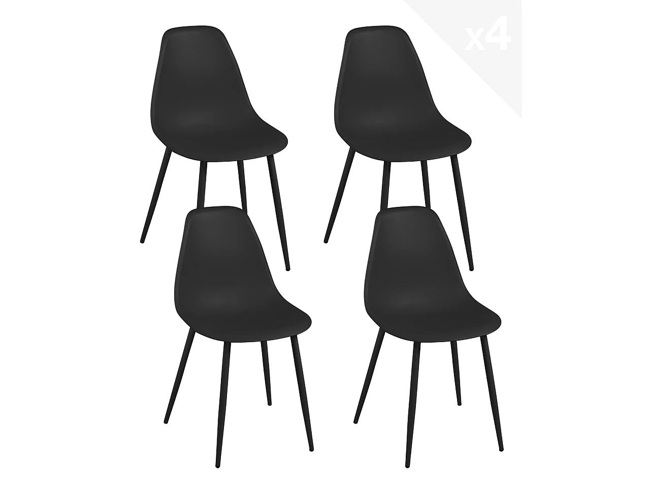 Lot 4 chaises de cuisine design, siège plastique souple, pieds métal NOVA (noir)