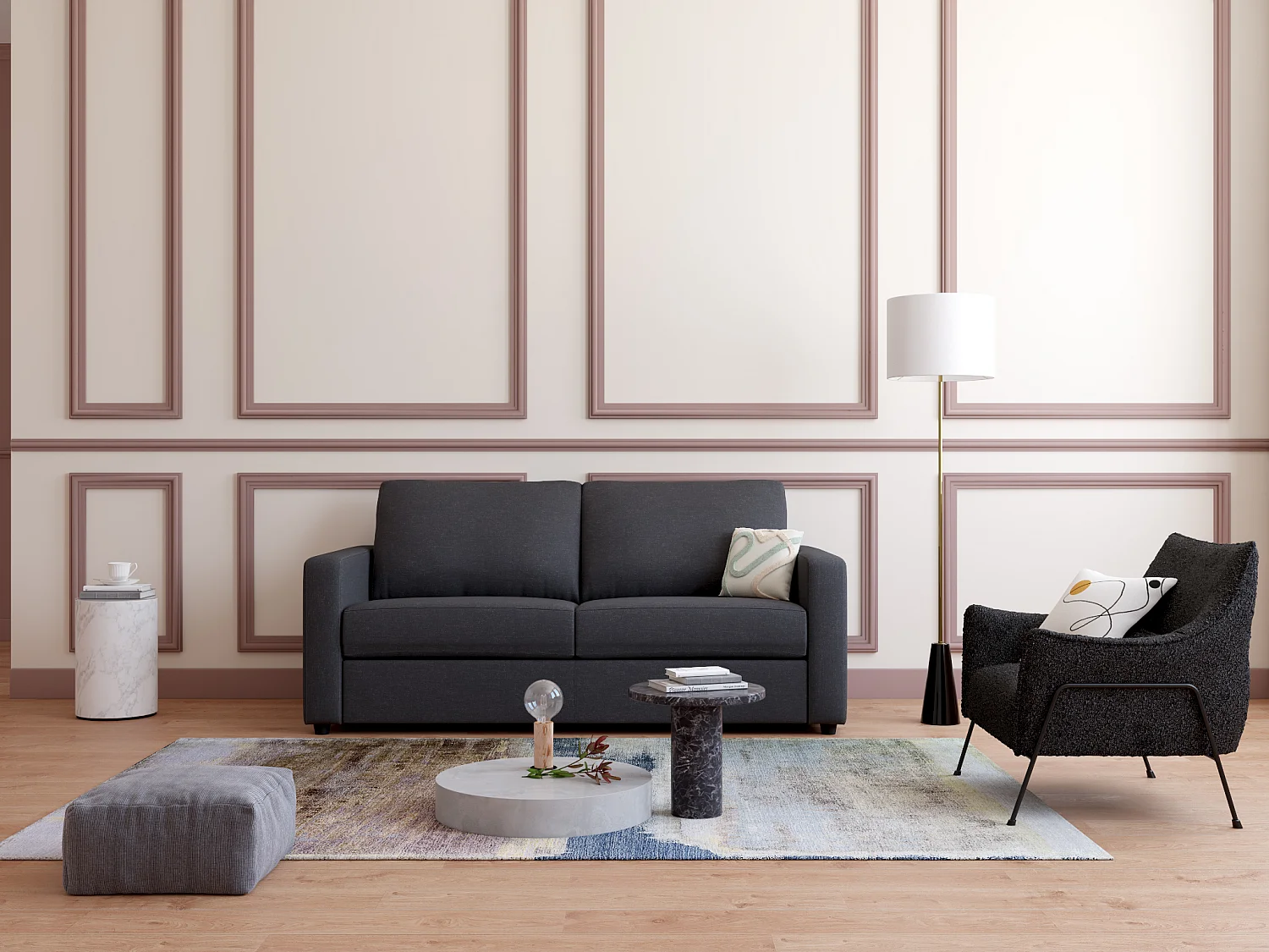 3-seters sovesofa raskt konvertibel i mørkegrått stoff – seng 140 cm, madrass 14 cm DONETO