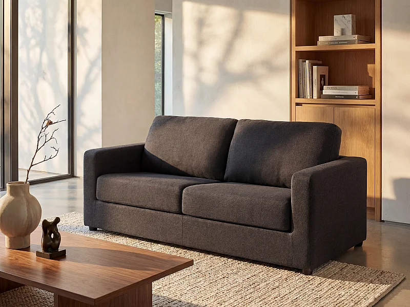 Canapé 3 places convertible express en tissu gris anthracite - Couchage 140 cm - Matelas 14 cm DONETO