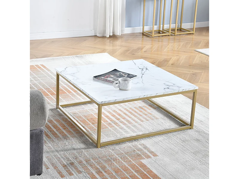 Table Basse carrée de Salon, Bout de Canapé, Style Scandinav, Cadre en Acier or, finition Marbre, 80 x 80 cm