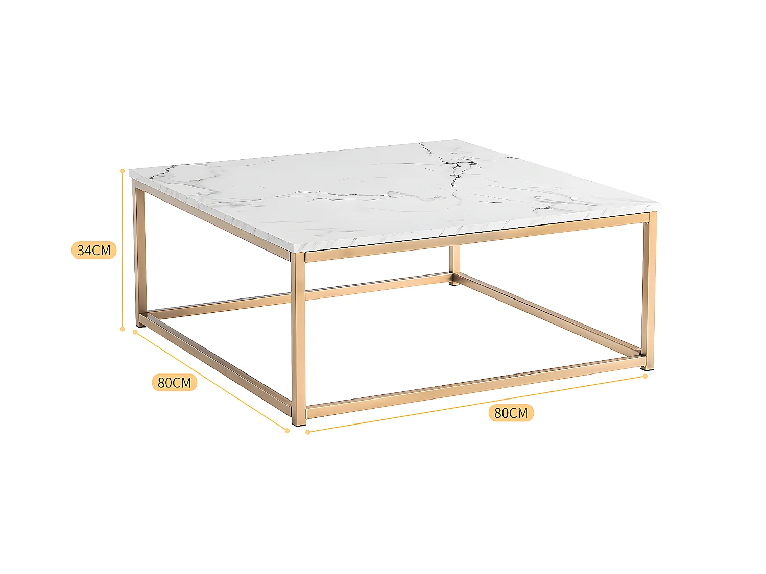 Table Basse carrée de Salon, Bout de Canapé, Style Scandinav, Cadre en Acier or, finition Marbre, 80 x 80 cm