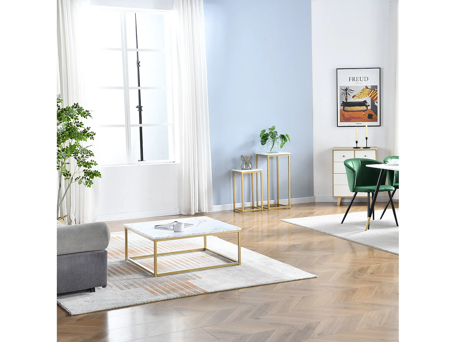 Table Basse carrée de Salon, Bout de Canapé, Style Scandinav, Cadre en Acier or, finition Marbre, 80 x 80 cm