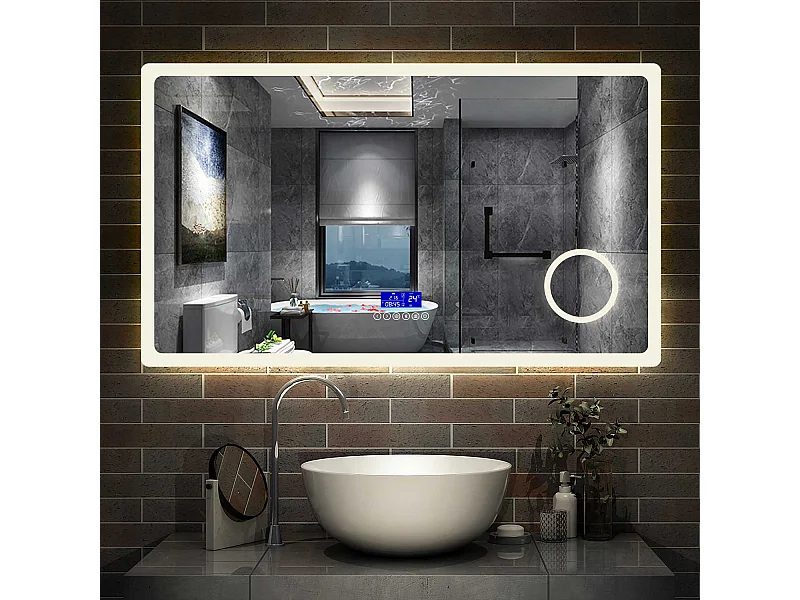 Miroir Salle de Bain Anti-buée LED120x70cm 3 Couleurs, Bluetooth, Horloge, Grossisant 3X