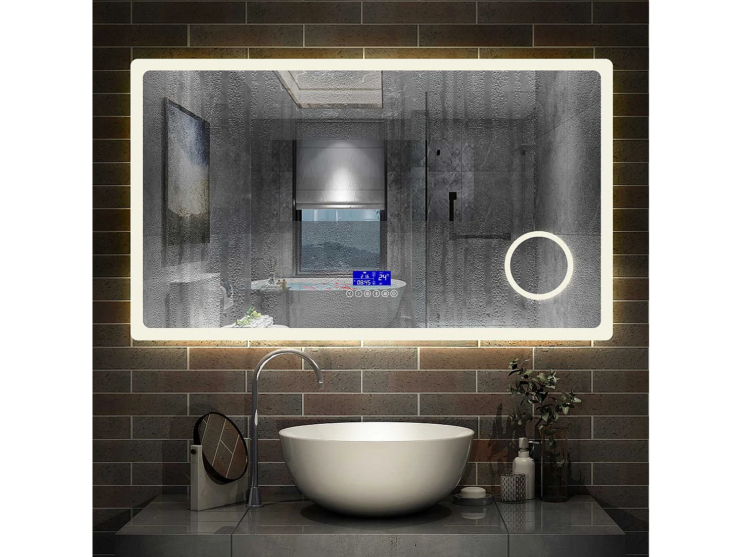 Miroir Salle de Bain Anti-buée LED120x70cm 3 Couleurs, Bluetooth, Horloge, Grossisant 3X