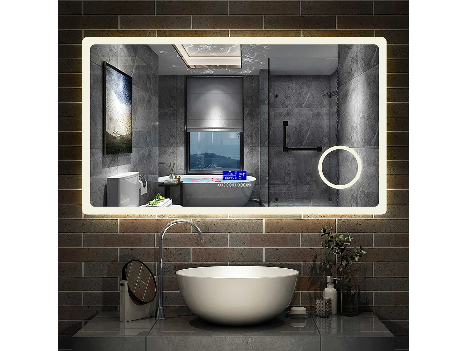 Miroir Salle de Bain Anti-buée LED120x70cm 3 Couleurs, Bluetooth, Horloge, Grossisant 3X