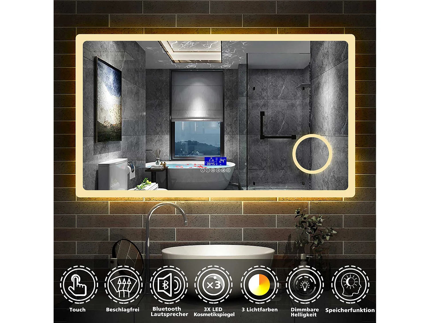 Miroir Salle de Bain Anti-buée LED120x70cm 3 Couleurs, Bluetooth, Horloge, Grossisant 3X