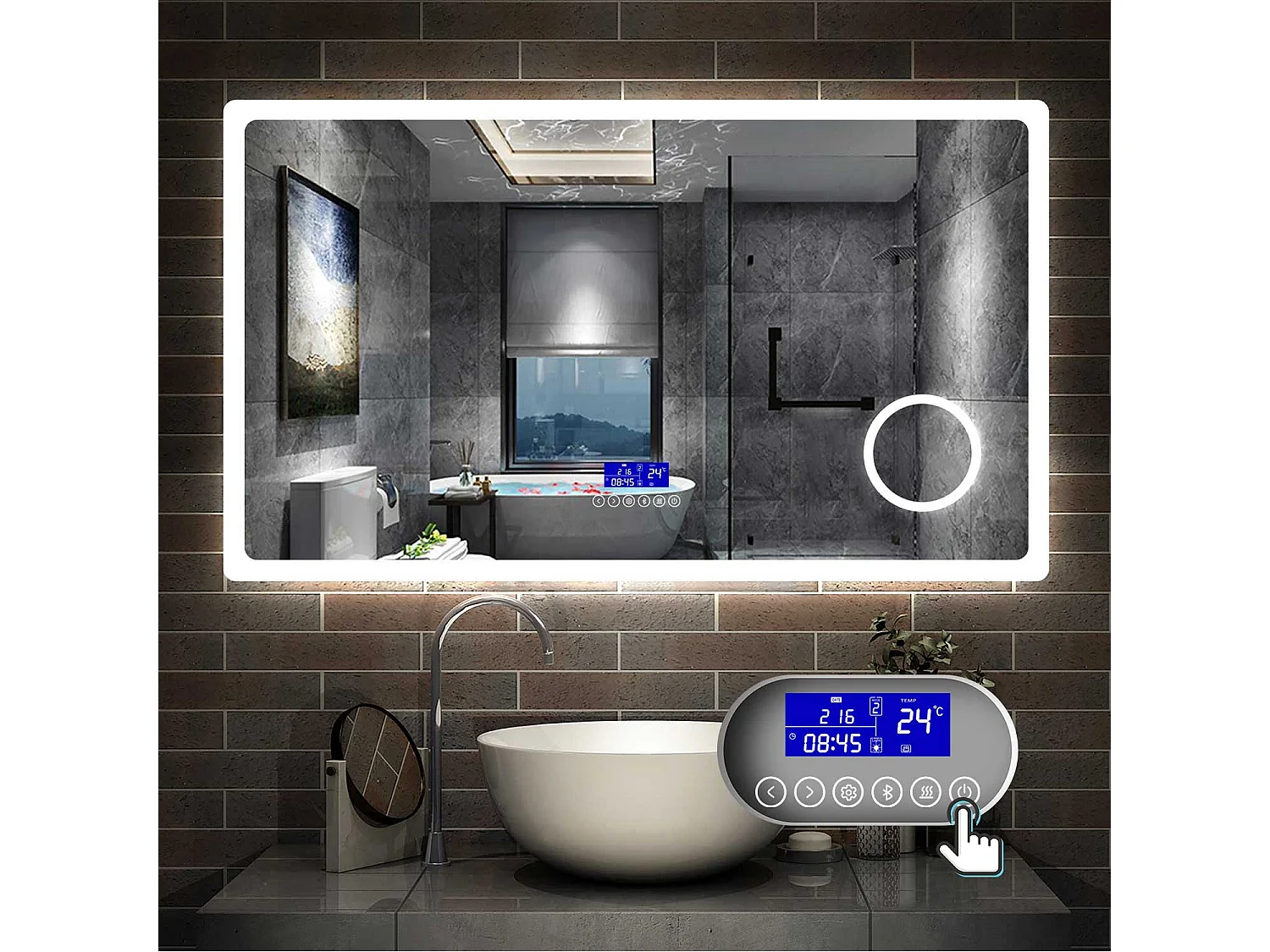 Miroir Salle de Bain Anti-buée LED120x70cm 3 Couleurs, Bluetooth, Horloge, Grossisant 3X